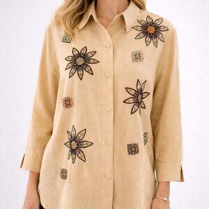 100% Silk Women's Embroidered Button-down Tunic Blouse Tan Collared 3/4 Sleeve